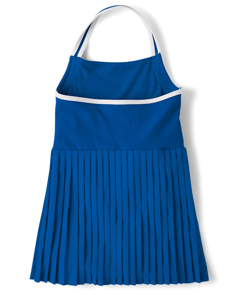 Girls Quick Dry Contrast Halter Pleated Tennis Dress