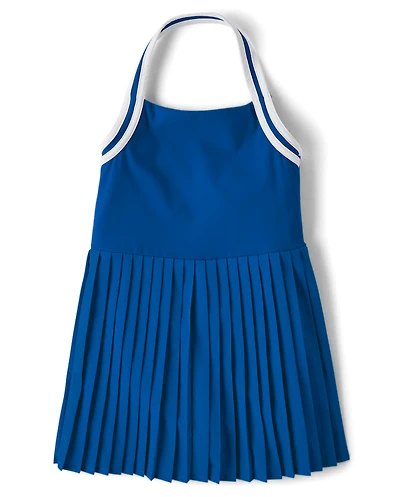 Girls Quick Dry Contrast Halter Pleated Tennis Dress