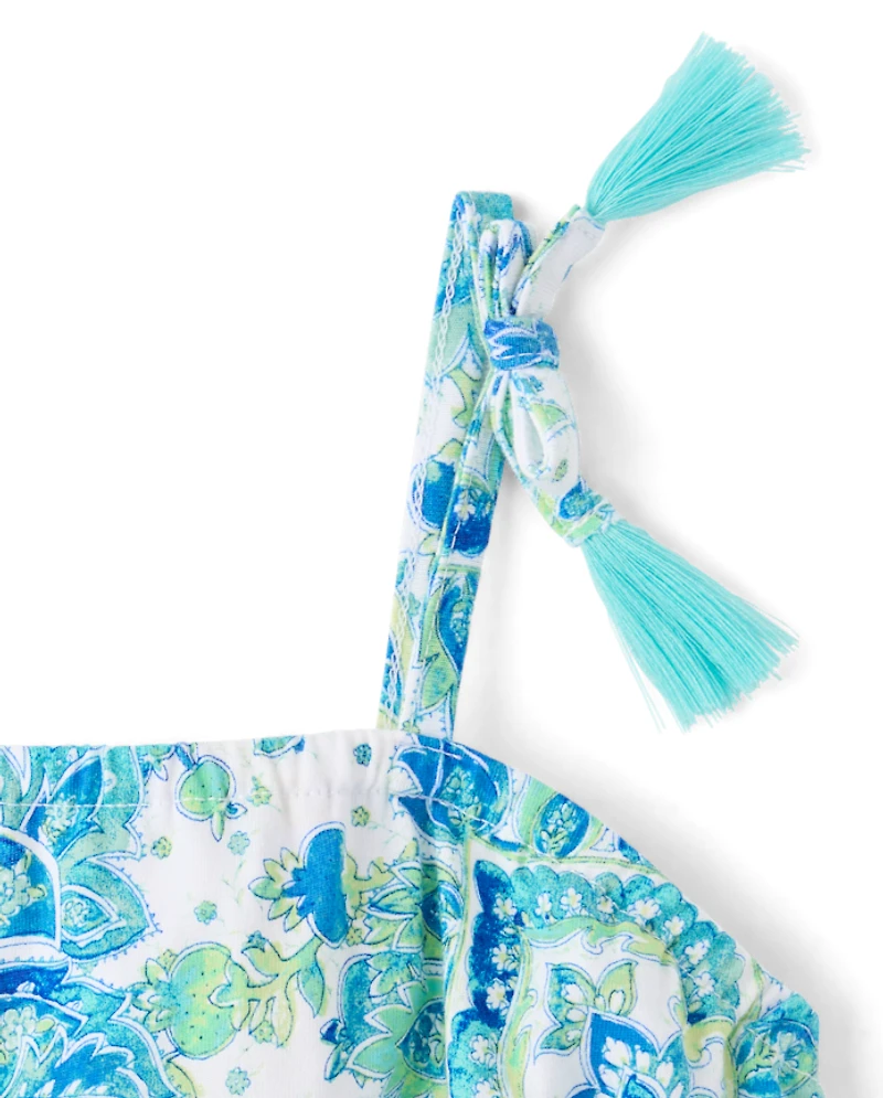 Girls Paisley Tassel Bow Shoulder Tank Top
