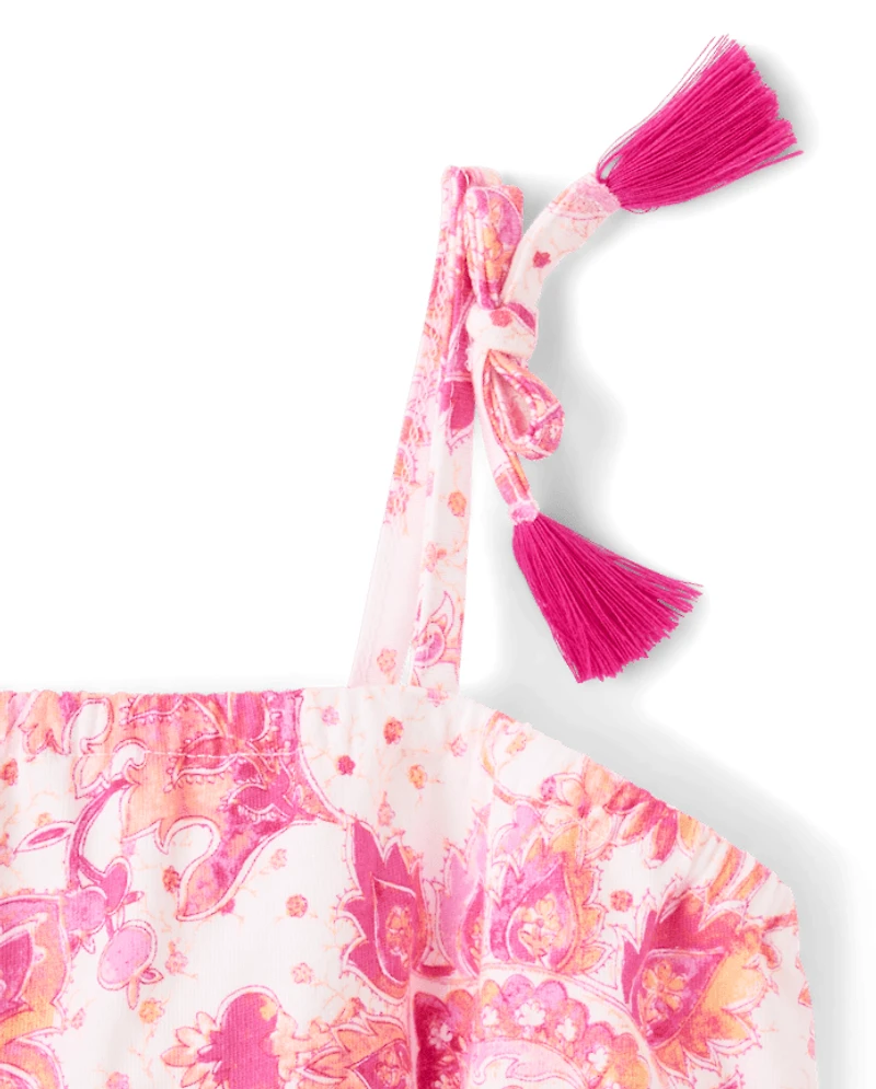 Girls Paisley Tassel Bow Shoulder Tank Top