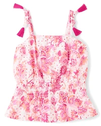 Girls Paisley Tassel Bow Shoulder Tank Top