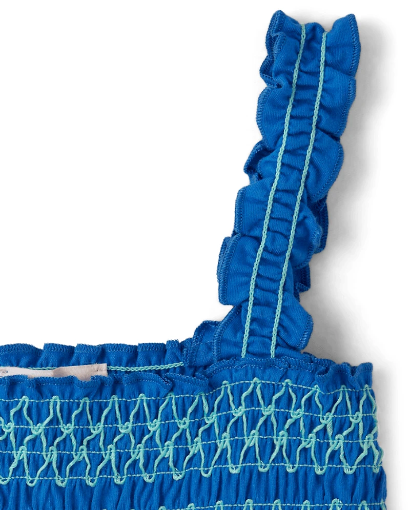 Girls Contrast Smocked Peplum Tank Top