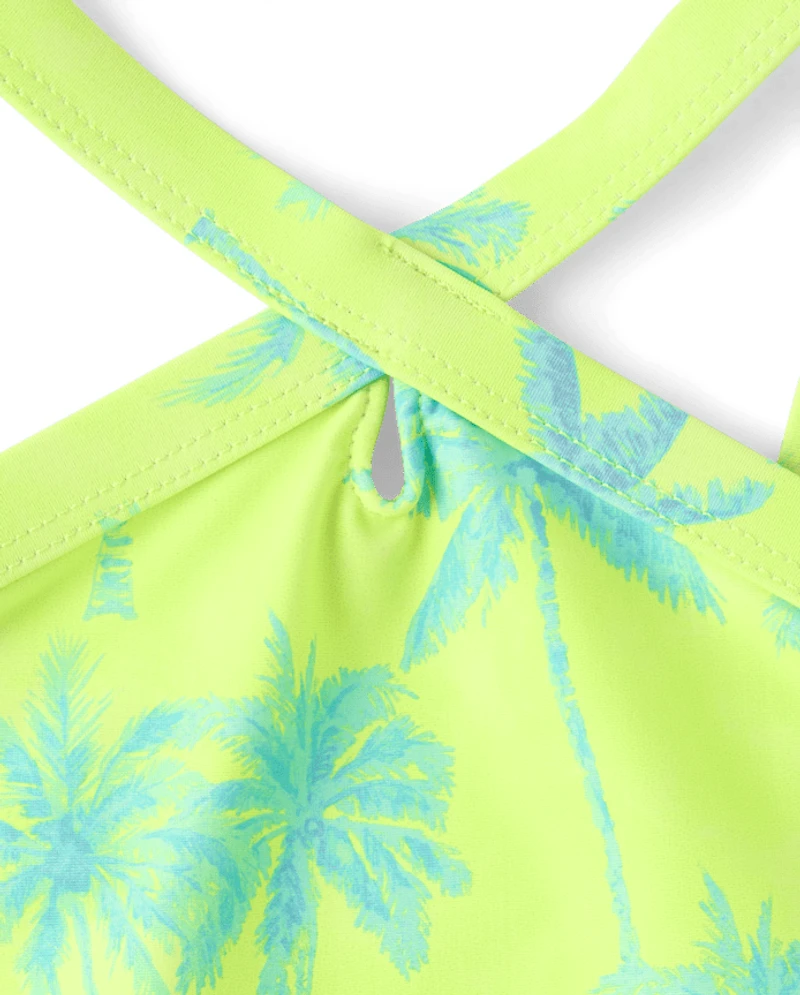 Girls Palm Tree Cross Front Bikini Swimsuit