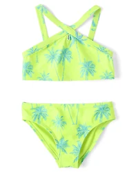 Girls Palm Tree Cross Front Bikini Swimsuit