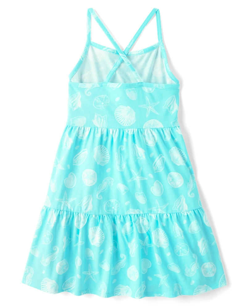 Girls Seashell Cross Back Tiered Dress