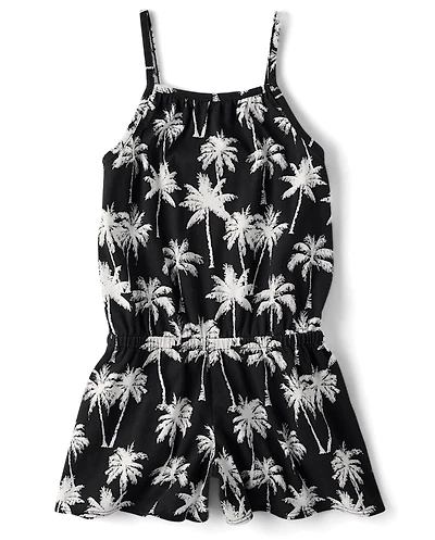Girls Palm Tree High Neck Romper