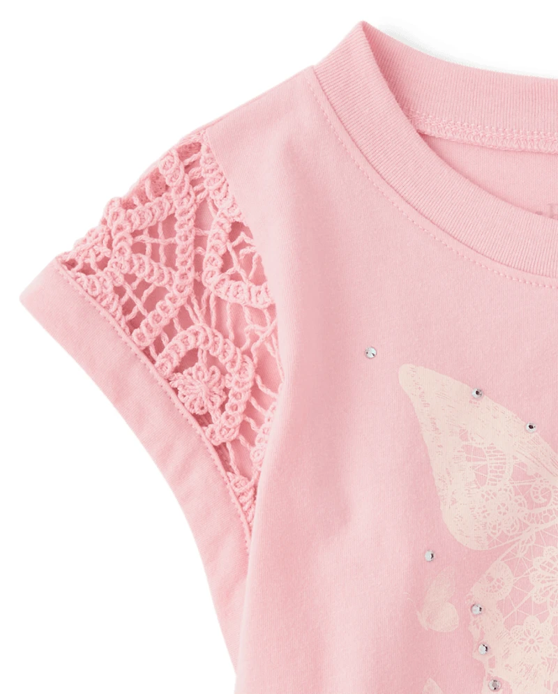 Girls Rhinestone Crochet Peplum Top