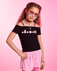 Girls Hello Kitty® Beaded Cold Shoulder Top