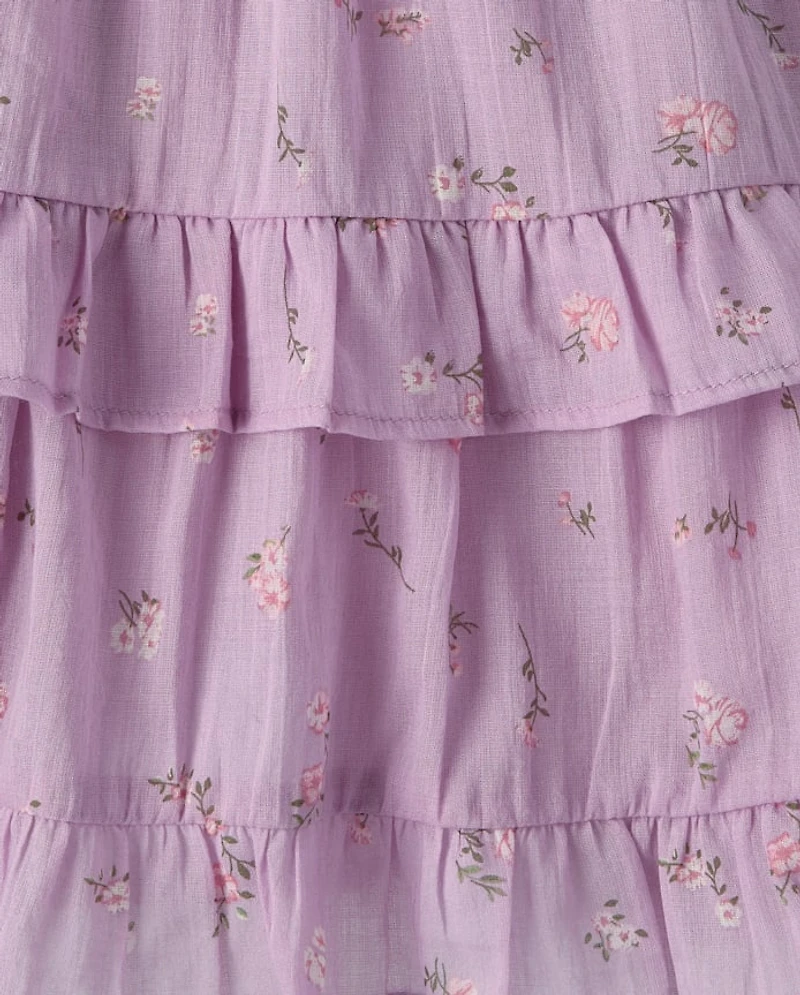 Girls Floral Textured Bow Back Dress