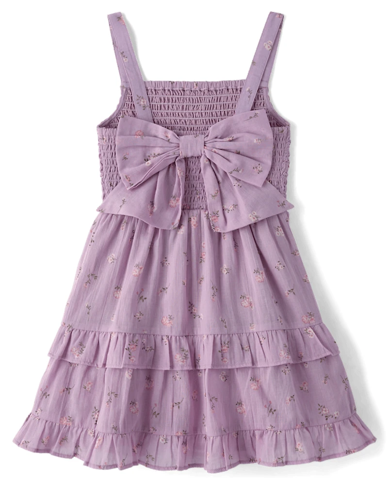 Girls Floral Textured Bow Back Dress