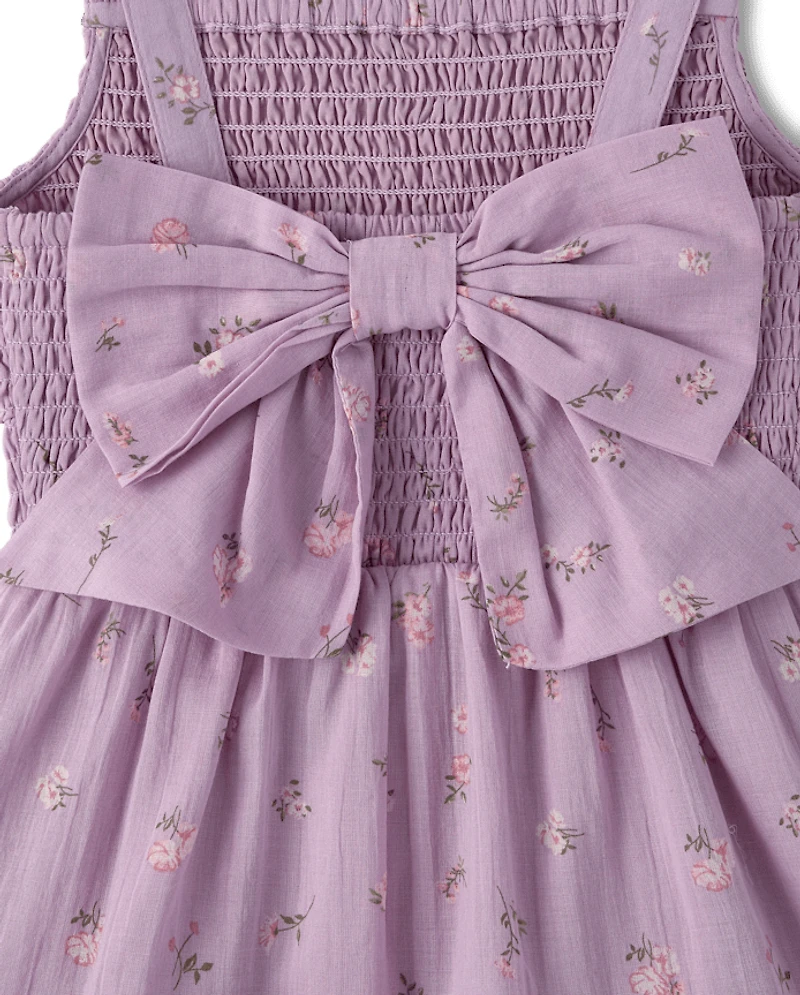 Girls Floral Textured Bow Back Dress