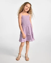 Girls Floral Textured Bow Back Dress