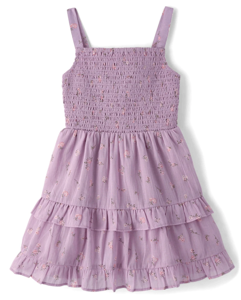 Girls Floral Textured Bow Back Dress