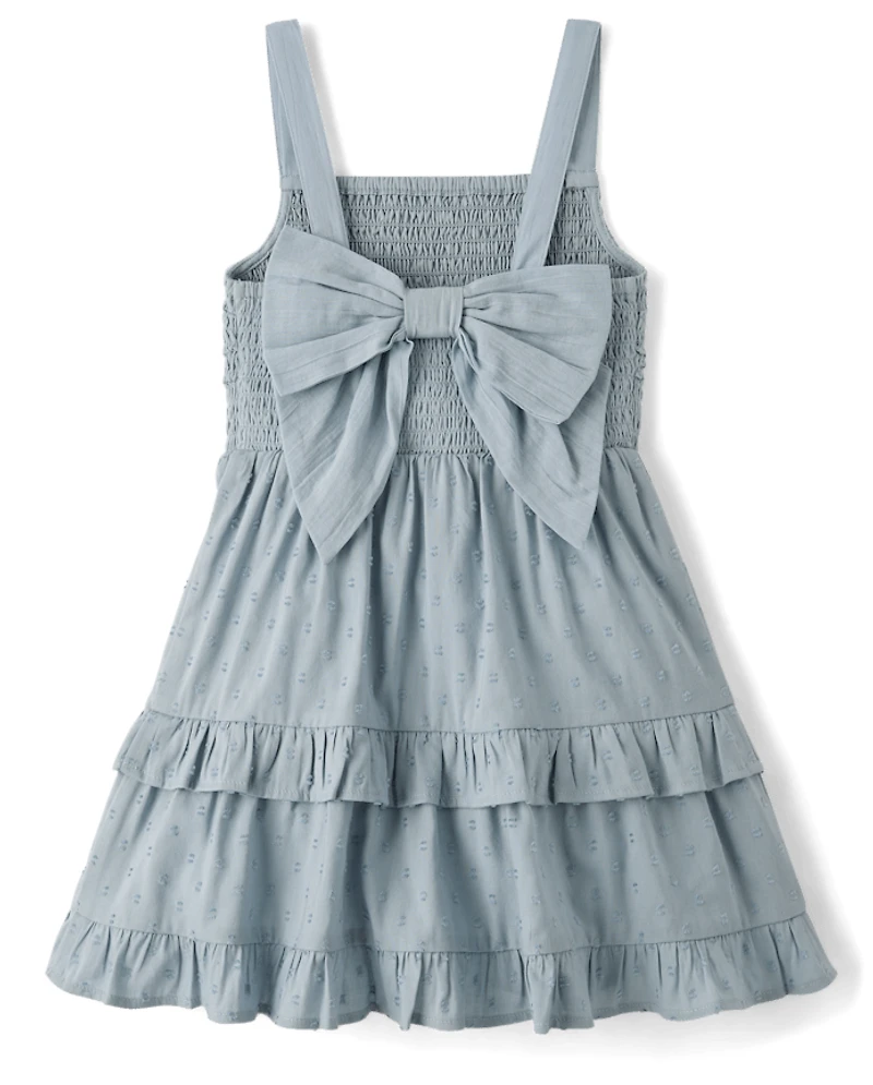 Girls Textured Clip Dot Bow Back Dress