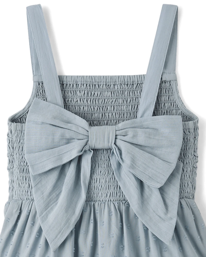 Girls Textured Clip Dot Bow Back Dress