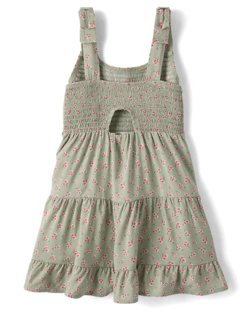 Girls Floral Smocked Bow Shoulder Dress