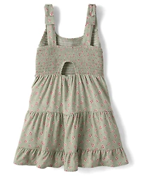 Girls Floral Smocked Bow Shoulder Dress