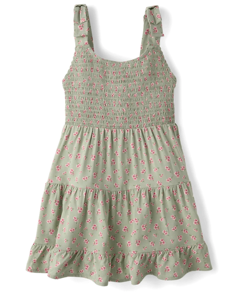 Girls Floral Smocked Bow Shoulder Dress