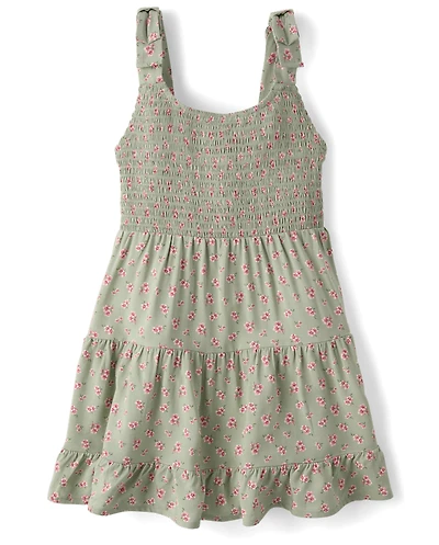 Girls Floral Smocked Bow Shoulder Dress