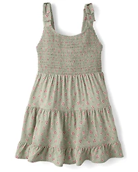 Girls Floral Smocked Bow Shoulder Dress