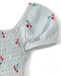 Robe rayée à fleurs cerises pour filles, taille en V et smocks