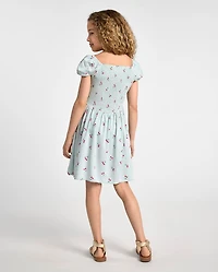 Robe rayée à fleurs cerises pour filles, taille en V et smocks