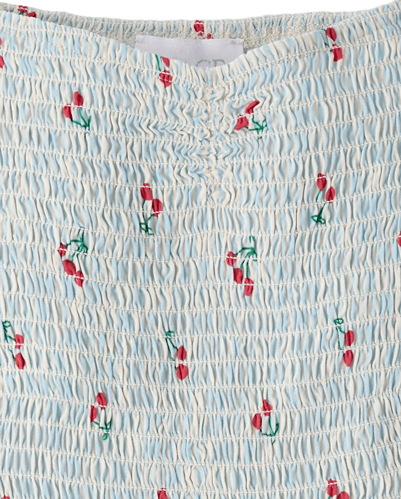 Robe rayée à fleurs cerises pour filles, taille en V et smocks