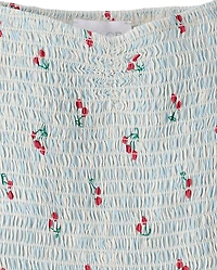 Robe rayée à fleurs cerises pour filles, taille en V et smocks