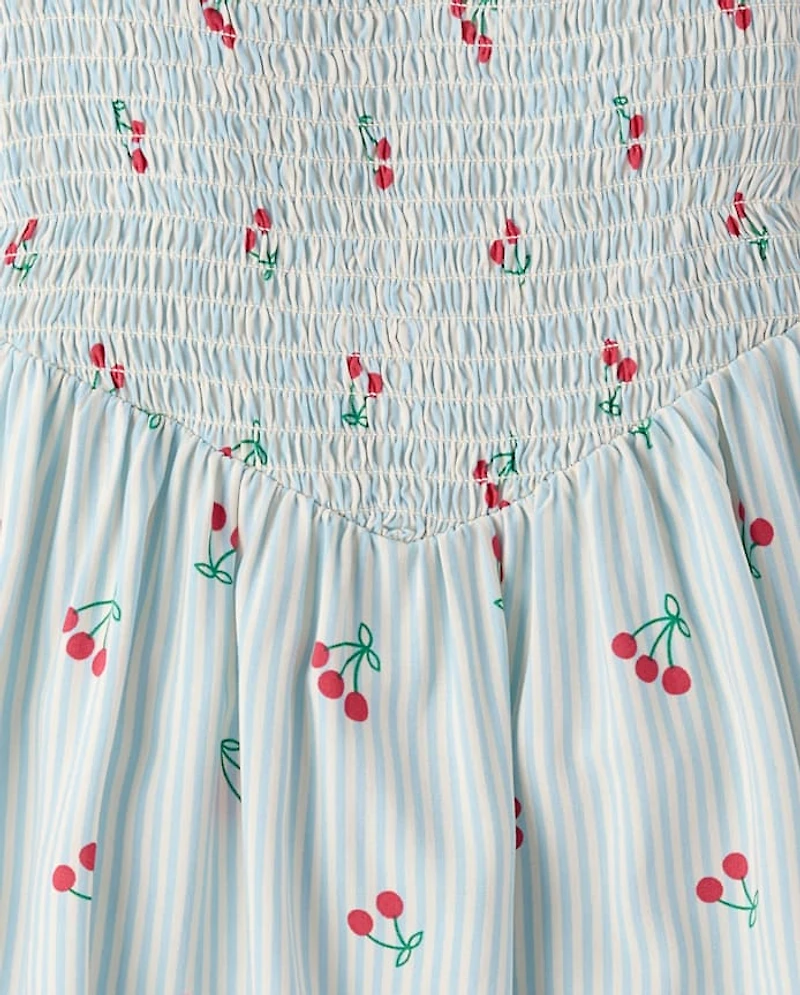 Robe rayée à fleurs cerises pour filles, taille en V et smocks