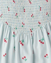 Robe rayée à fleurs cerises pour filles, taille en V et smocks