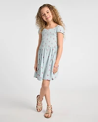 Robe rayée à fleurs cerises pour filles, taille en V et smocks