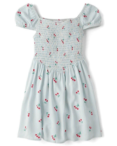 Robe rayée à fleurs cerises pour filles, taille en V et smocks