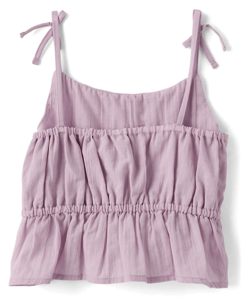 Girls Tie Shoulder Textured Tank Top