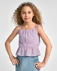 Girls Tie Shoulder Textured Tank Top