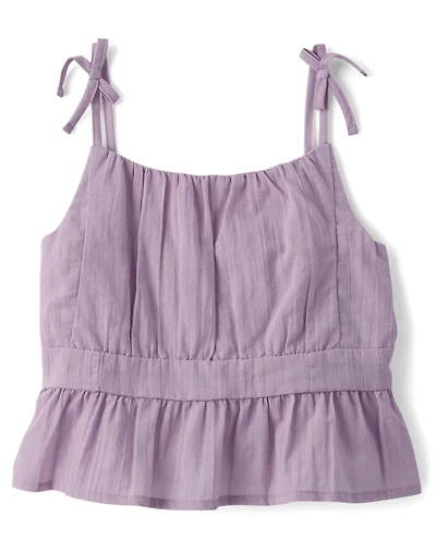 Girls Tie Shoulder Textured Tank Top