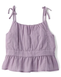 Girls Tie Shoulder Textured Tank Top