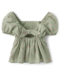 Girls Floral Textured Bow Back Top