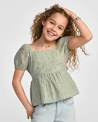 Girls Floral Textured Bow Back Top