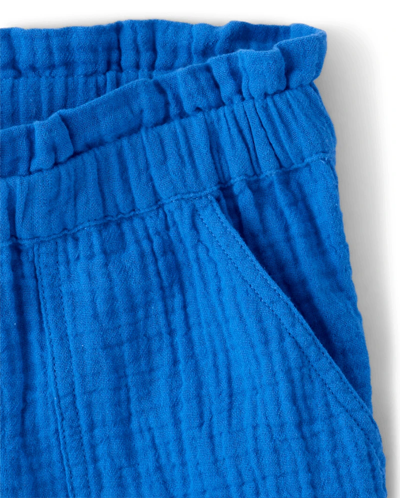 Girls Gauze Paperbag Waist Shortie Shorts