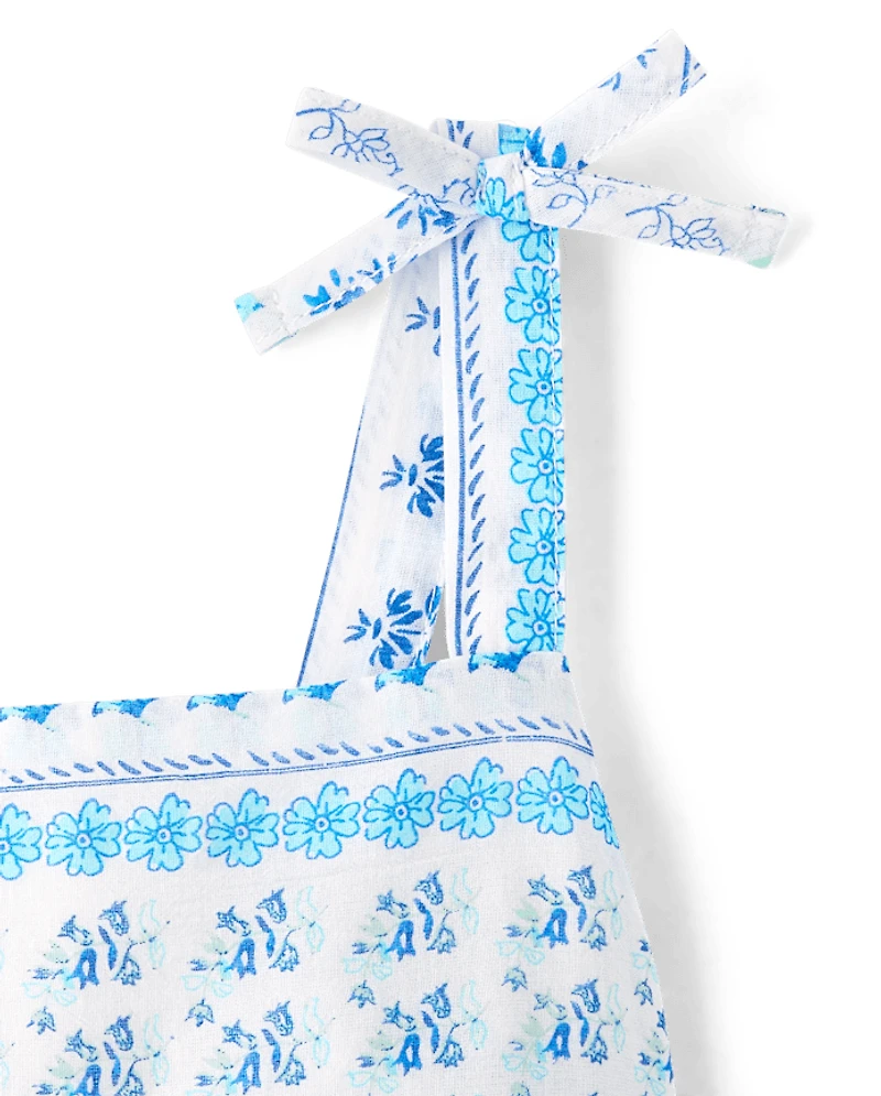 Girls Print Textured Bow Shoulder Dress