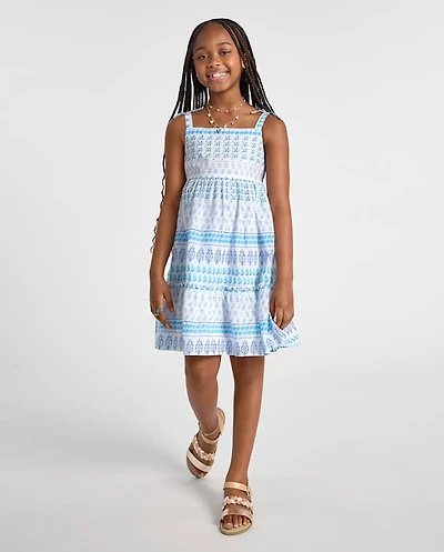 Girls Print Textured Bow Shoulder Dress