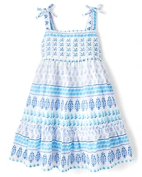 Girls Print Textured Bow Shoulder Dress