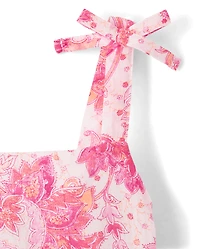 Girls Print Textured Bow Shoulder Dress