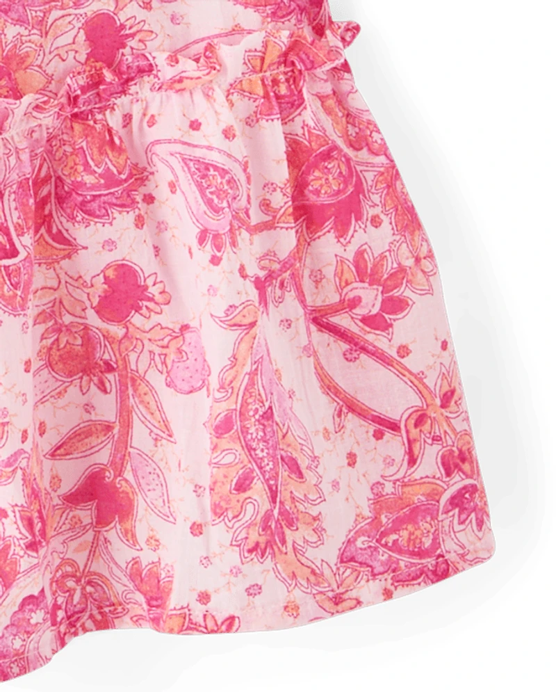 Girls Print Textured Bow Shoulder Dress