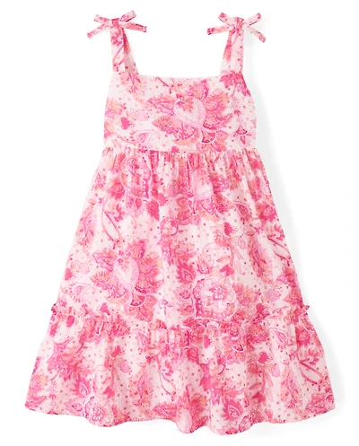 Girls Print Textured Bow Shoulder Dress