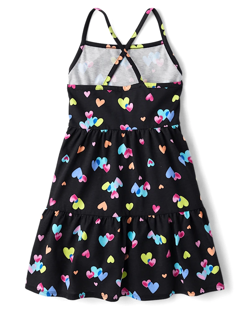 Girls Rainbow Heart Cross Back Tiered Dress