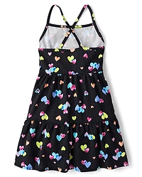 Girls Rainbow Heart Cross Back Tiered Dress