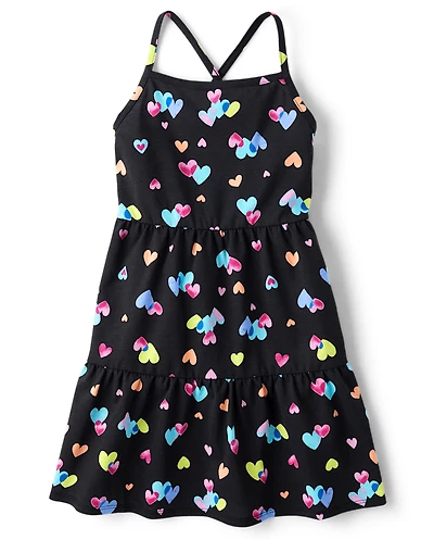 Girls Rainbow Heart Cross Back Tiered Dress