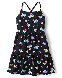 Girls Rainbow Heart Cross Back Tiered Dress