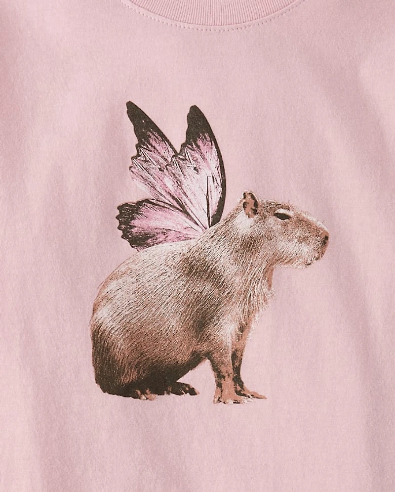 Girls Capybara Butterfly Graphic Tee